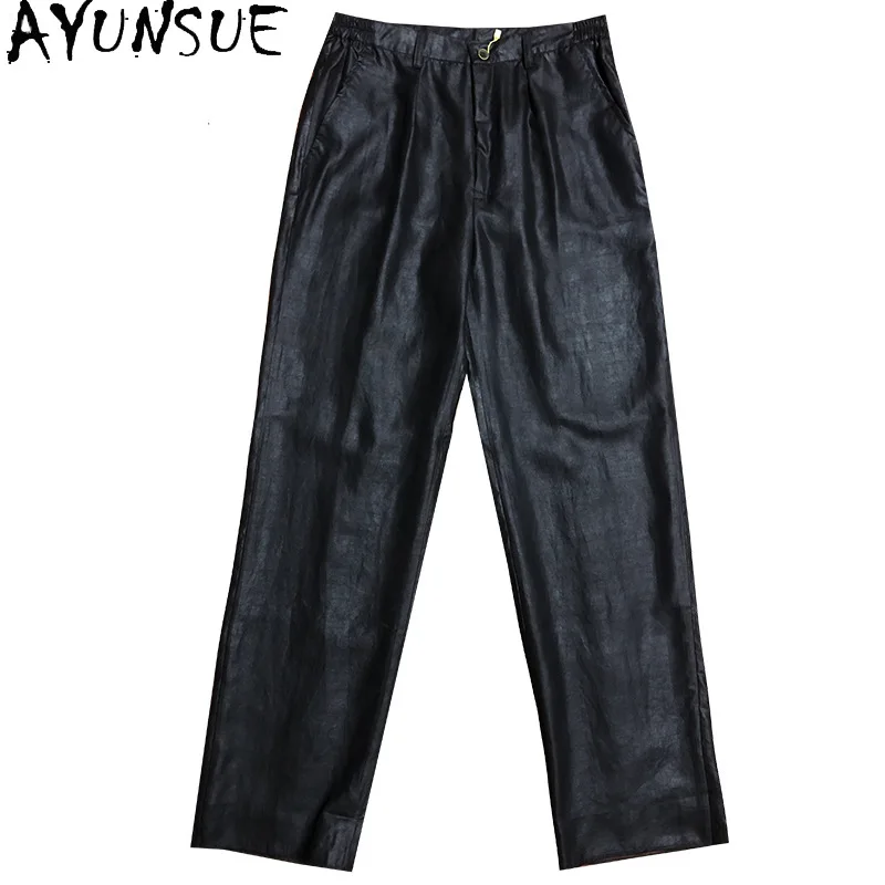 

AYUNSUE 100% Mulberry Silk 2024 Summer High Quality Men Trousers Casual Straight Pants Pantalon Ete Homme Loose Fit Black Pants