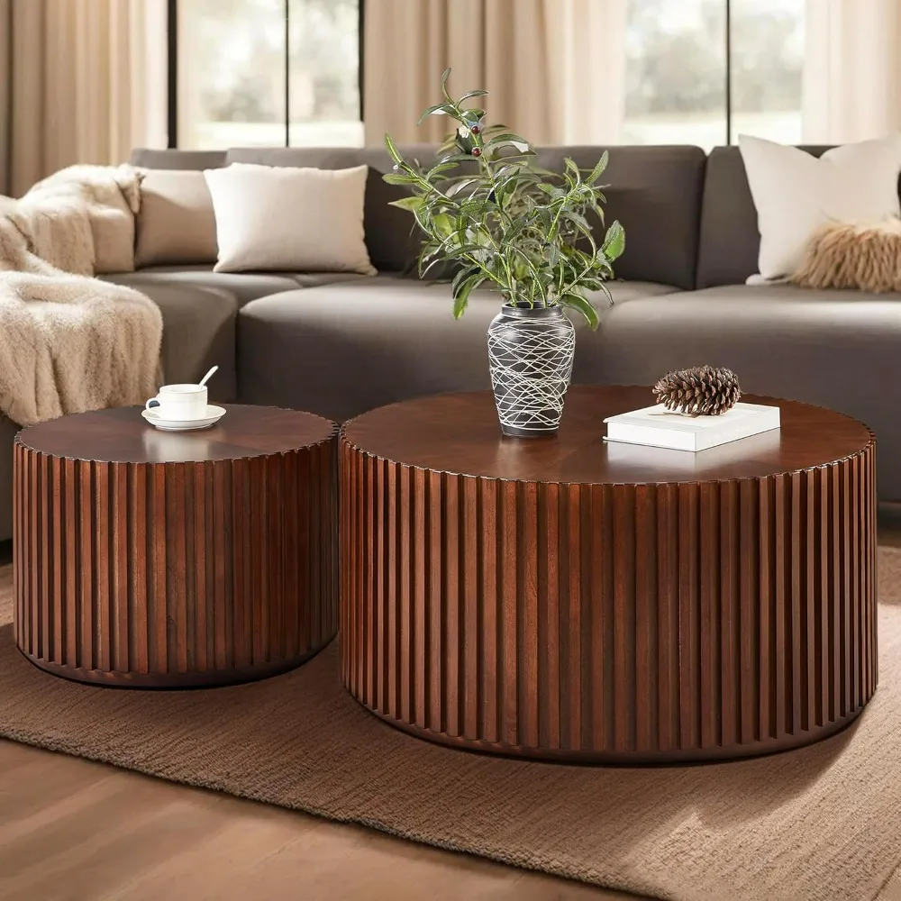 

Round Wood Coffee Table Set of 2, Handcraft Drum Side Table End Tables for Living Room, Modern Circle Wooden End Tables Set