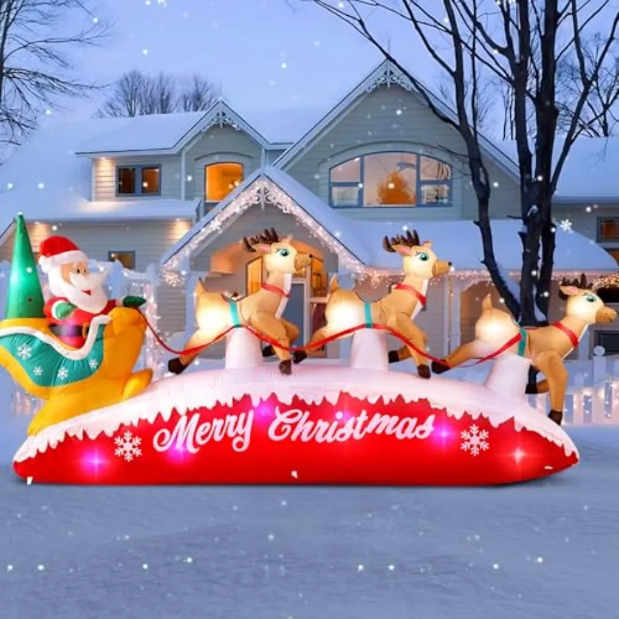 

Outdoor Christmas inflatable: 10 FT Santa sleigh with reindeer, PVC material, red and green, built-in colorful LEDs for lawn ho