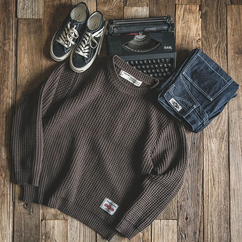 Amekaji suéter de cuello redondo Retro para hombre, ropa de punto suelto, Otoño e Invierno