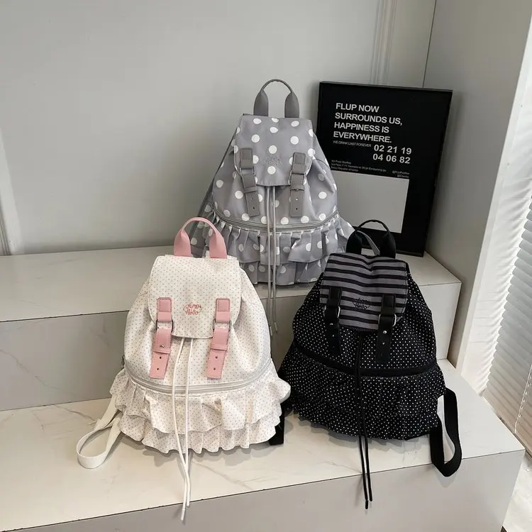 

Легкий и стильный школьный рюкзак из нейлона с кружевом в горошек, вместительная дорожная сумка на кнопках для девочек