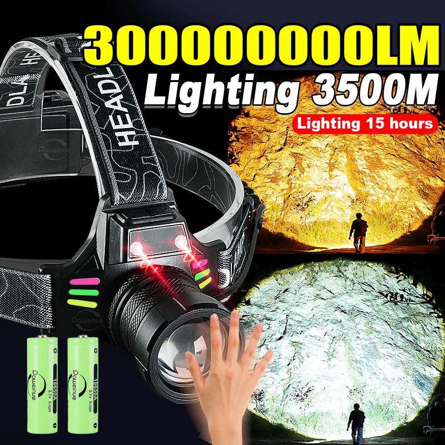 

30000000LM ультра яркая светодиодная фара перезаряжаемая мощная налобная фара с датчиком движения налобный фонарь уличный фонарь для кемпинга для рыбалки