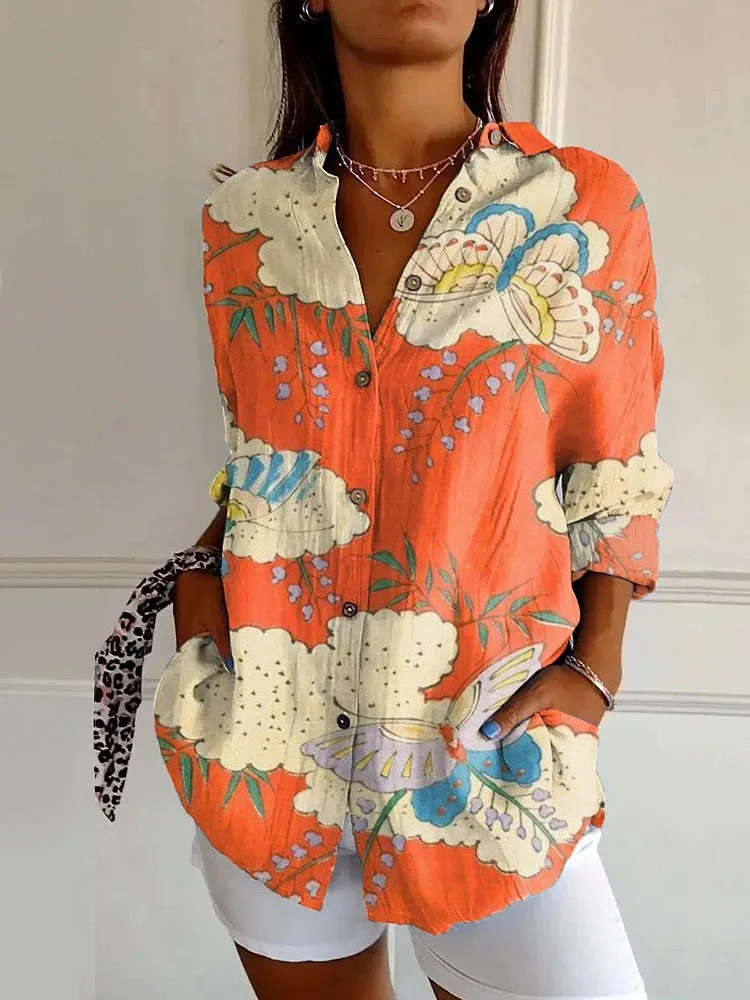 여성용 봄 프린트 셔츠, 패션 긴팔 V넥 버튼 셔츠 탑, 캐주얼 보헤미안 휴가 여성 의류, 가을 신상 2025