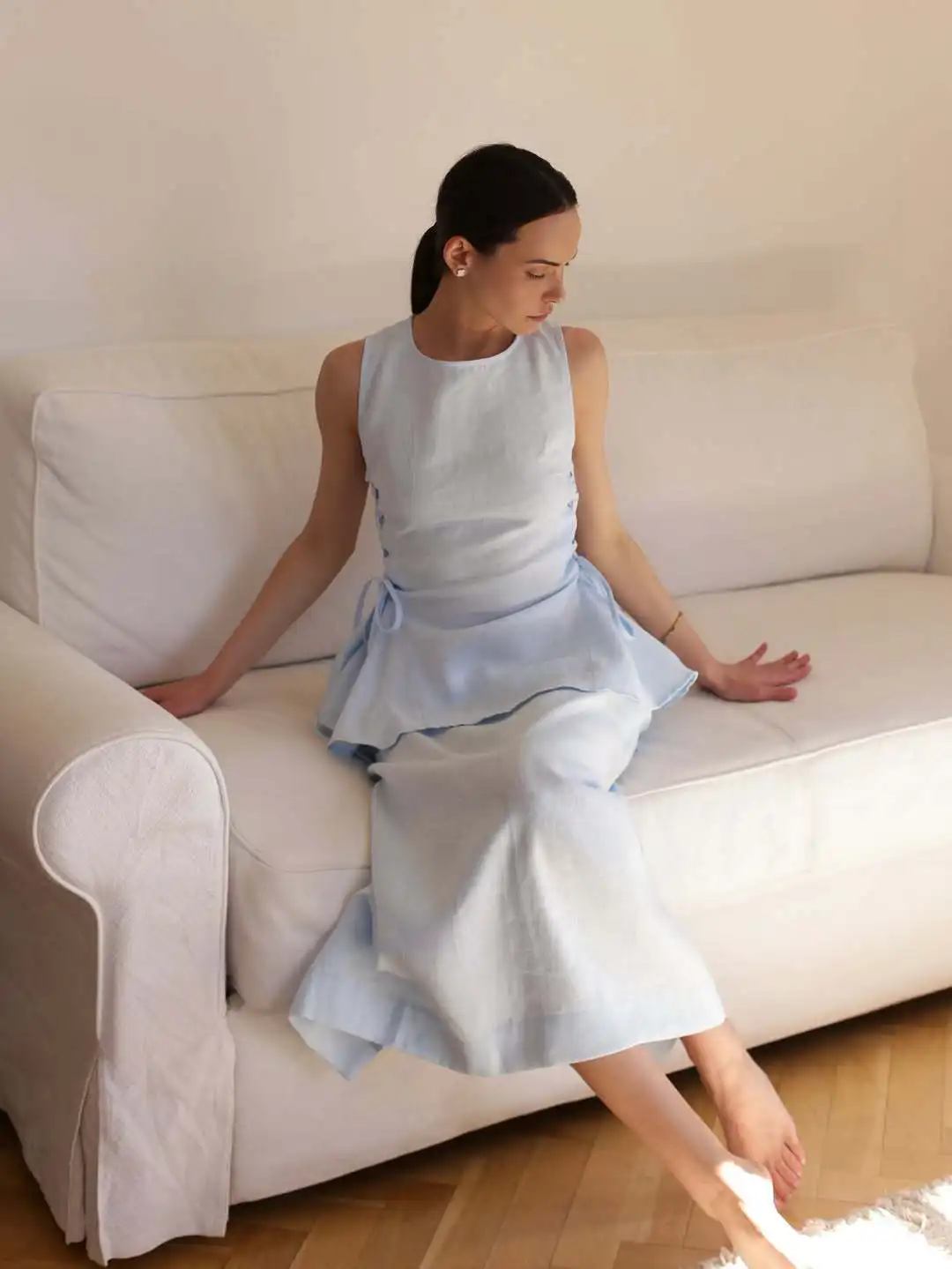 Elegant Women's Linen Set O-neck Sleeveless Side Lace Up Top Slim Hip Package Skirt Female Sets 2026 Summer Fashion Lady Suit