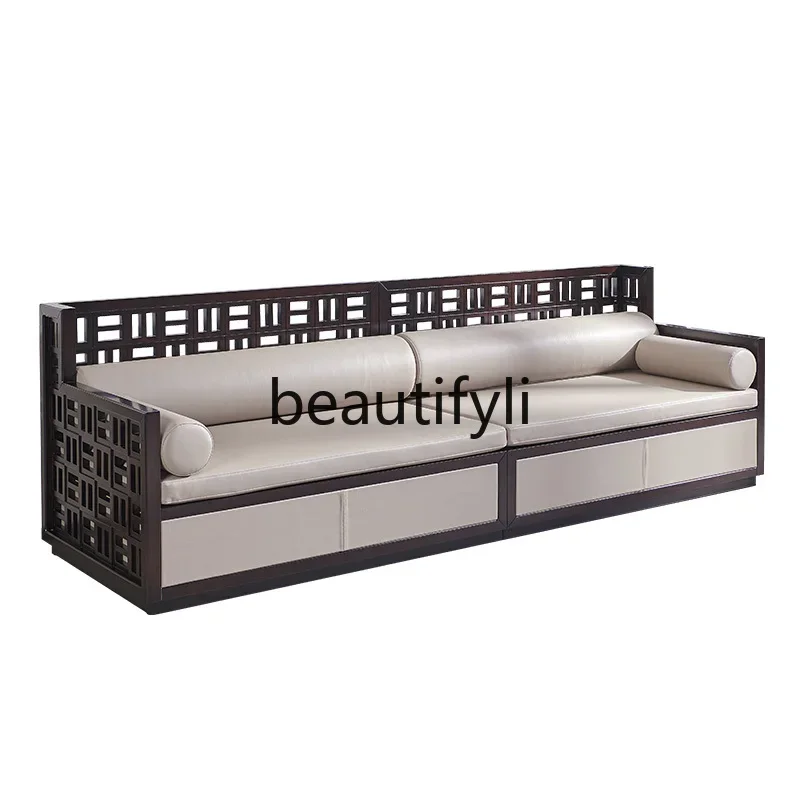 

LXModern New Chinese Style Sofa Genuine Leather Combination Light Luxury High-end All Solid Wood Living Room Ebony FurnitureSSS