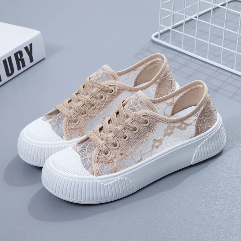 Summer Women's Lace Cut-out Canvas Shoes Breathable Mesh Sneakers Women's Flat Shoes Low-top Comfortable Walking Shoes