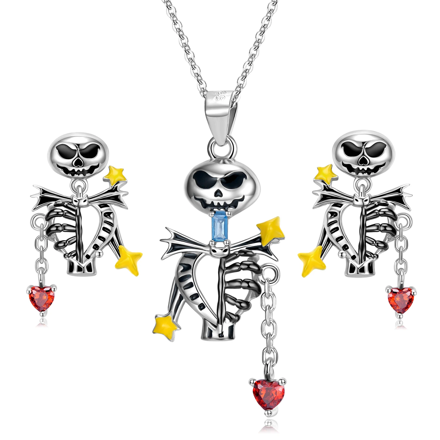 925 Sterling Silver Skull Skeleton Love Drop Pendant Jewelry Set Colorful Crystals Necklace Earring Hiphop/Rock Gift for Women