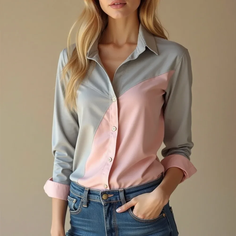 

Contrast Women Button Blouse Spring Autumn New Vintage Long Sleeve Polo Collar Women Shirt Elegant Loose Tops Clothing 2025