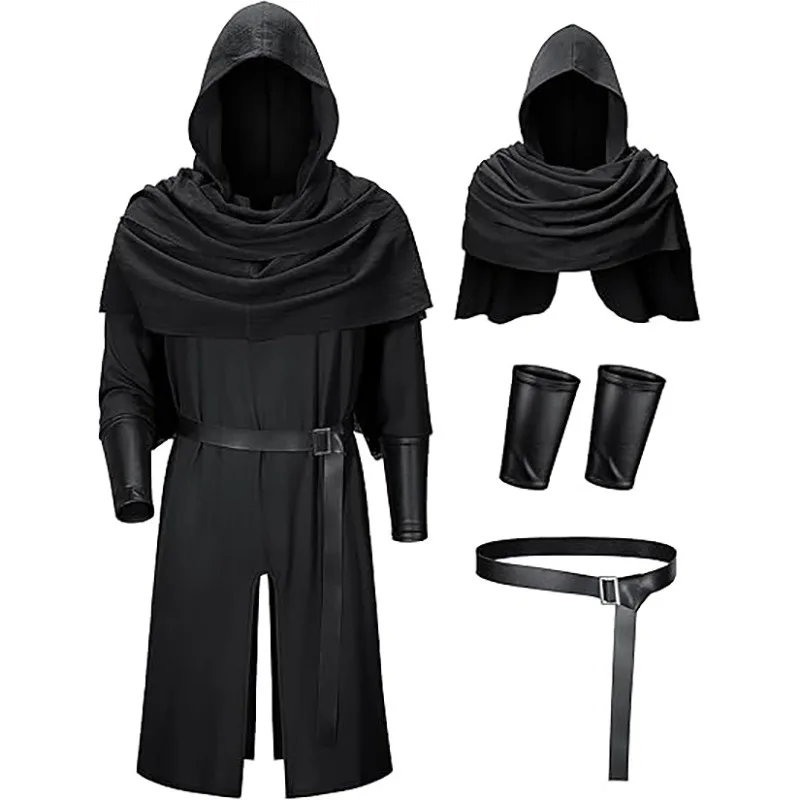 Men's Renaissance Medieval Knight Pirate Cosplay Costume Brown Robe Hooded Cape Cloak Stage Performance Halloween Party Outfit - view 2