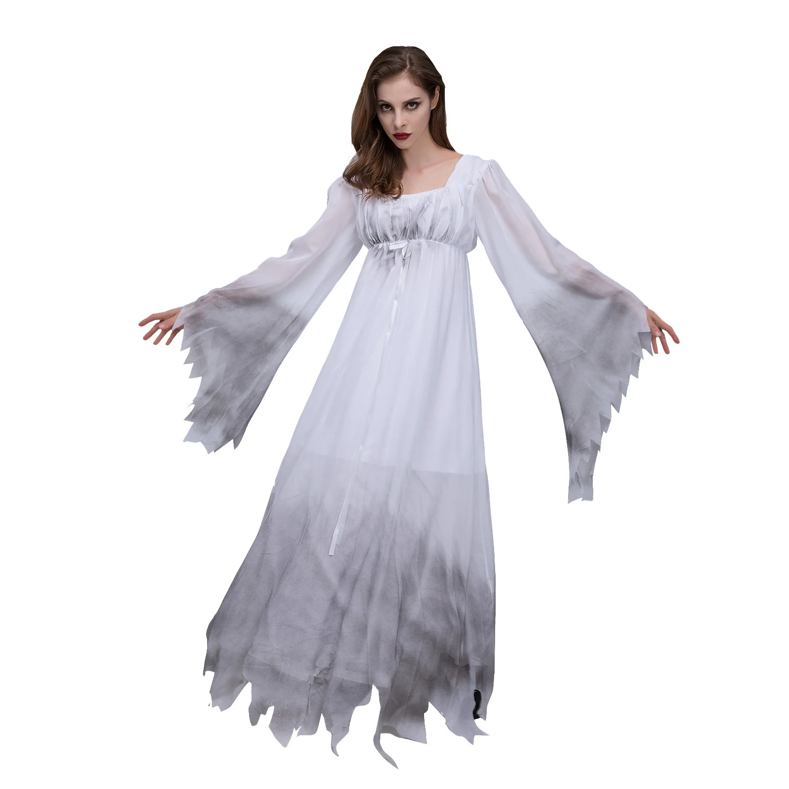 2023 Halloween Zombie Bride Dress Scary Ghost Bride Burnt White Lace Doom Ghostly Wedding Dress Costume Ball Dress