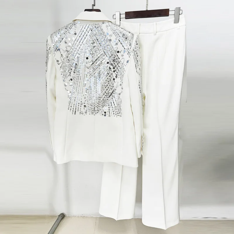 High Street Autumn  Women 2 piece Heavy Craft Sequined Single Button Elegant Fashion Blazer Solid Color Chic Pantsкостюм