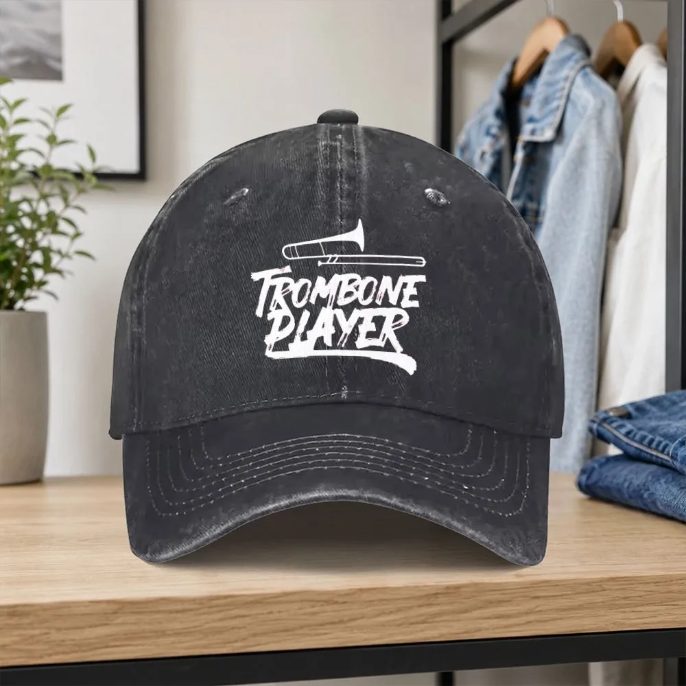 Vintage Trombone Player Print Washed Baseball Cap Adjustable Unisex Hat for Musicians Outdoor Daily Wear