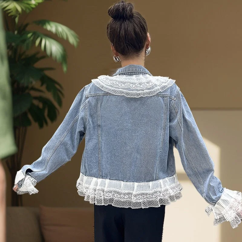 Women Denim Jacket 2025 New Fashion Design Lace Patchwork Spring Autumn Casual Jeans Coat Outerwear Top Large Size 5XL