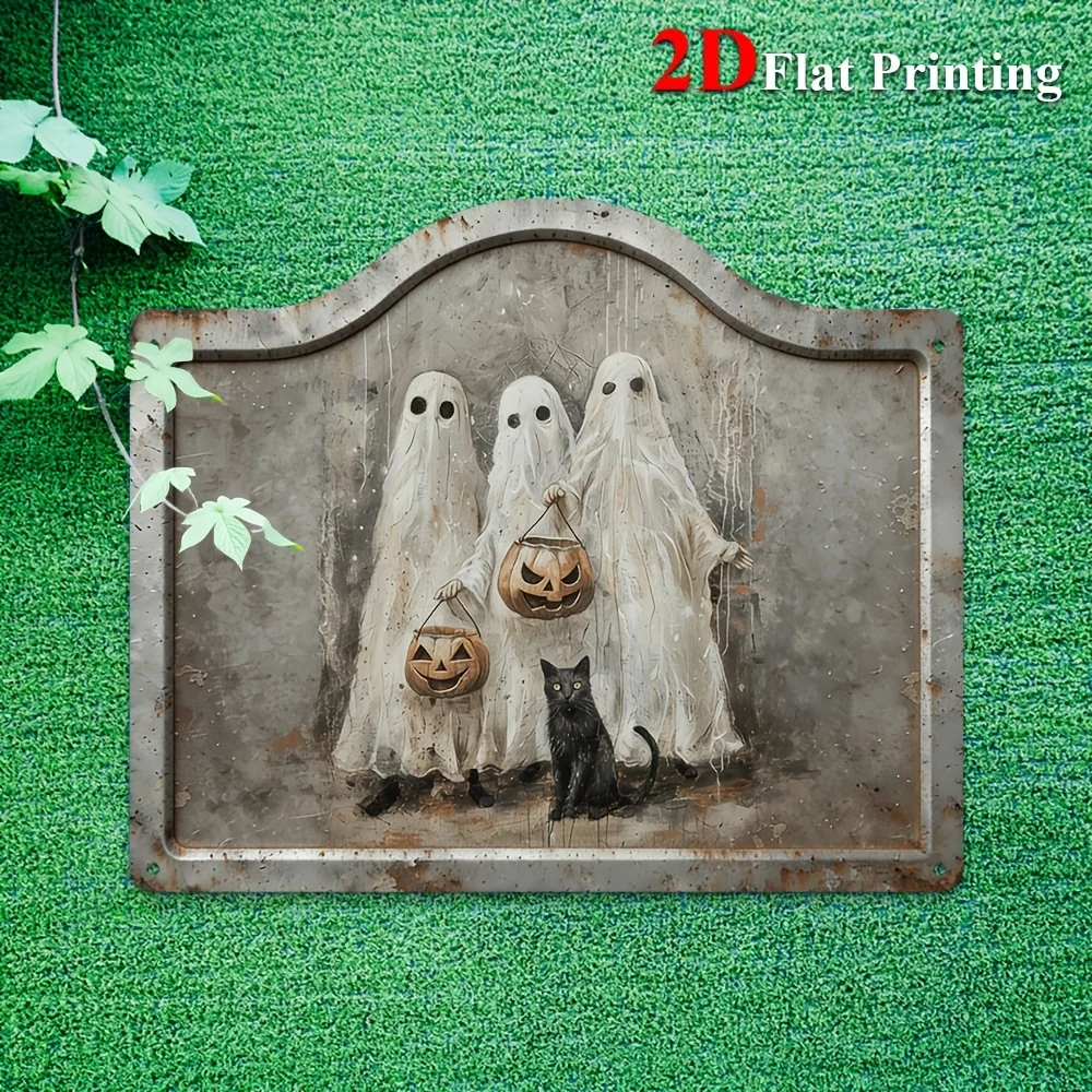 1pc 2D Flat Sign Artwork Depicting Three Ghosts With Halloween Lanterns And A Black Cat, Ideal For Eerie Home Decoration