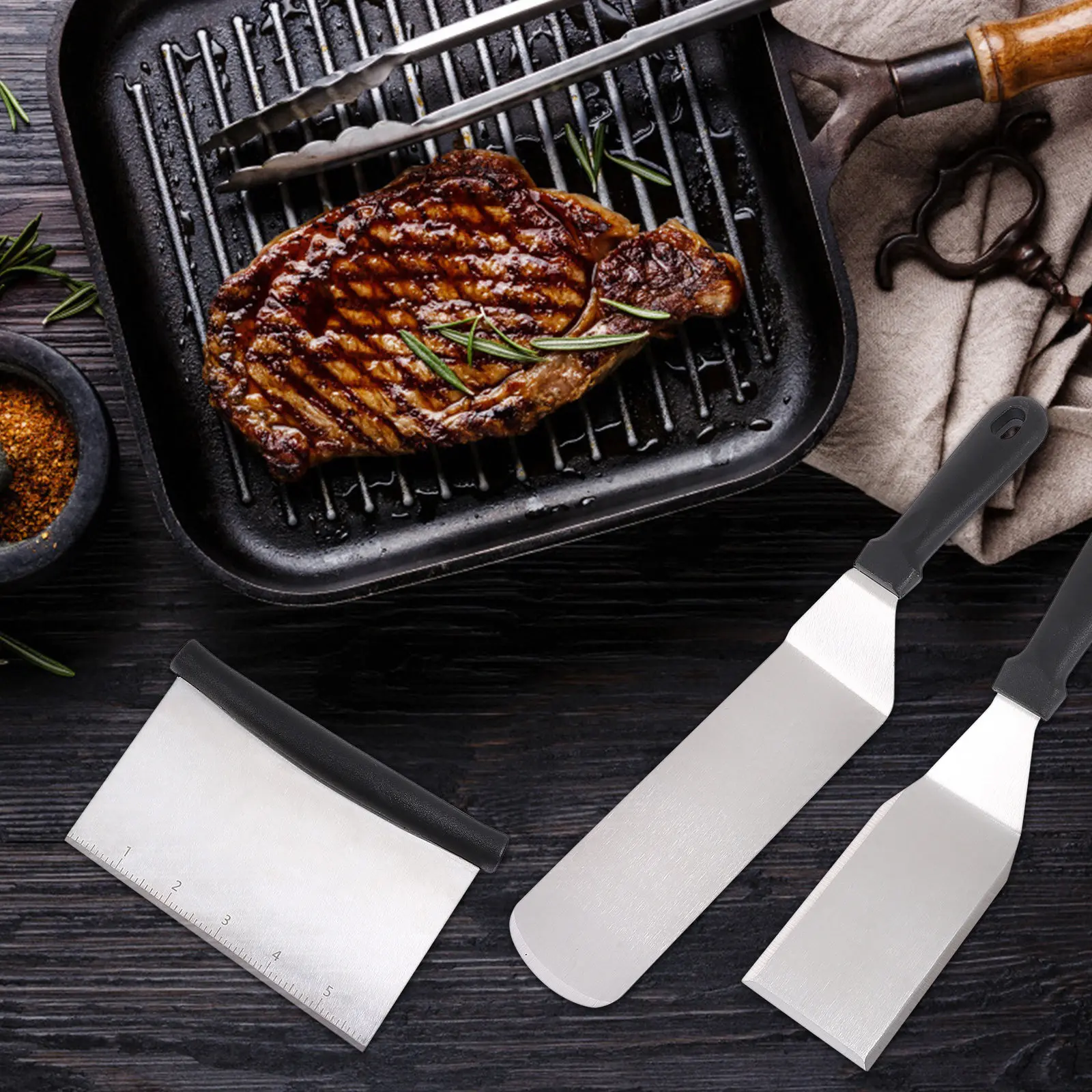 1Set Premium Stainless Steel Multi Purpose Spatula Set for Frying Beef Steak Mixing Eggs Cutting Vegetables Pizza Pancake