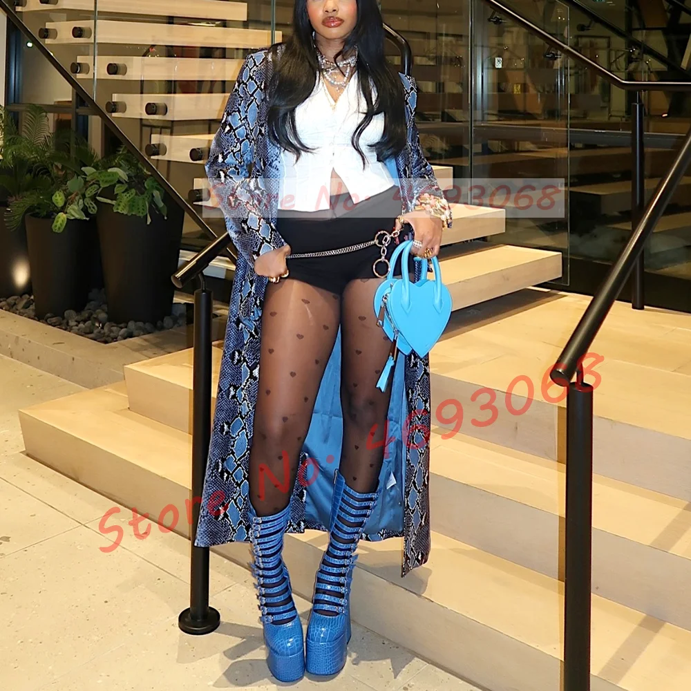 Blue Strappy Platform Mid Calf Boots Women Spring Crocodile Print Round Toe Boots Ladies 14 Buckle Straps Chunky High Heel Shoes