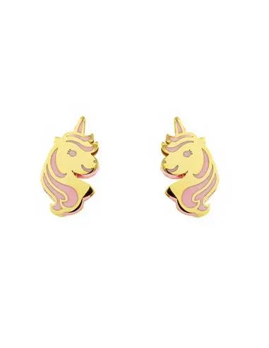 Earrings girl gold 9k unicorn pink enamel