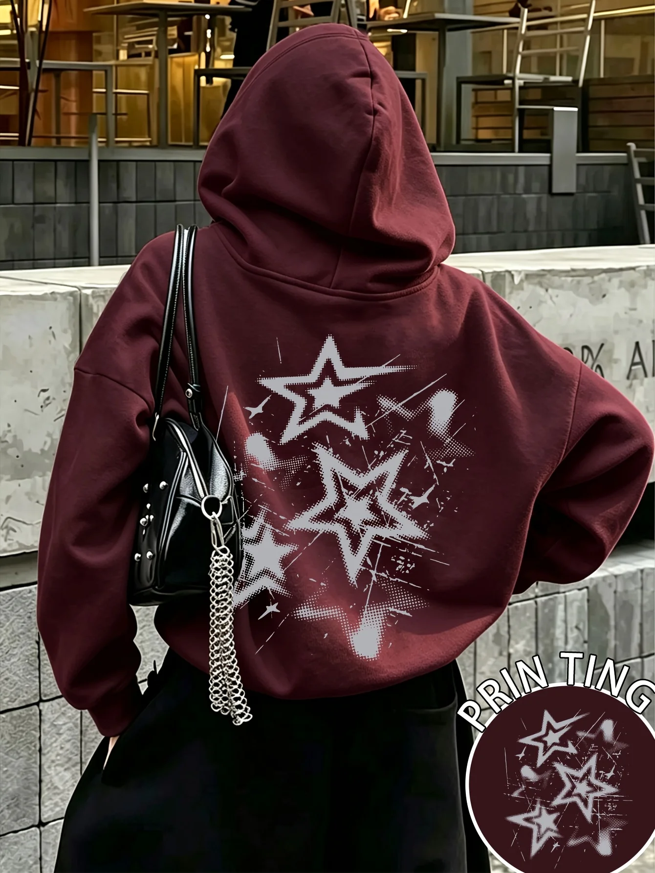 Herren Grunge Star Sport-Hoodie mit Farbspritzer-Print, Hellgrau, Oversize-Pullover, Streetwear-Sweatshirt für Frühling und Herbst – Detail 2