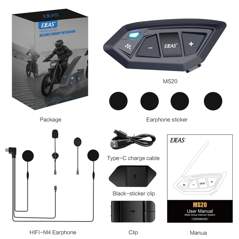 EJEAS 1Pc MS20 Motorcycle Mesh Intercom  IP67 Waterproof Bluetooth Interphone Helmet Headset for 20 Riders with Remote