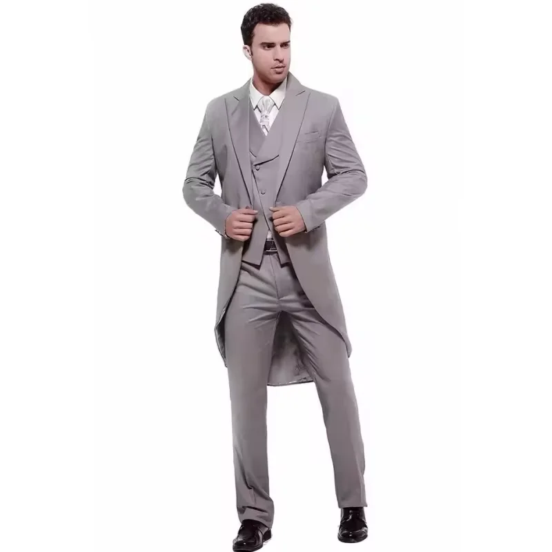 

Мужское светло-серое модное платье жениха из трех предметов, фрак, официальная куртка с лацканами, жилет, брюки