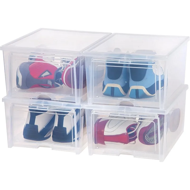 

Stackable Shoe Storage Box with Flip Up Door and Air Vents, 4-Pack, Sturdy Shoe Scarf Toy Game Organizer Container , Wide, Clear