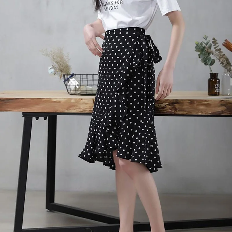 Elegant Ruffles Bandage Polka Dot Printed Mermaid Skirt 2022 Spring New Korean Fashion High Waist All-match Chiffon Midi Skirt