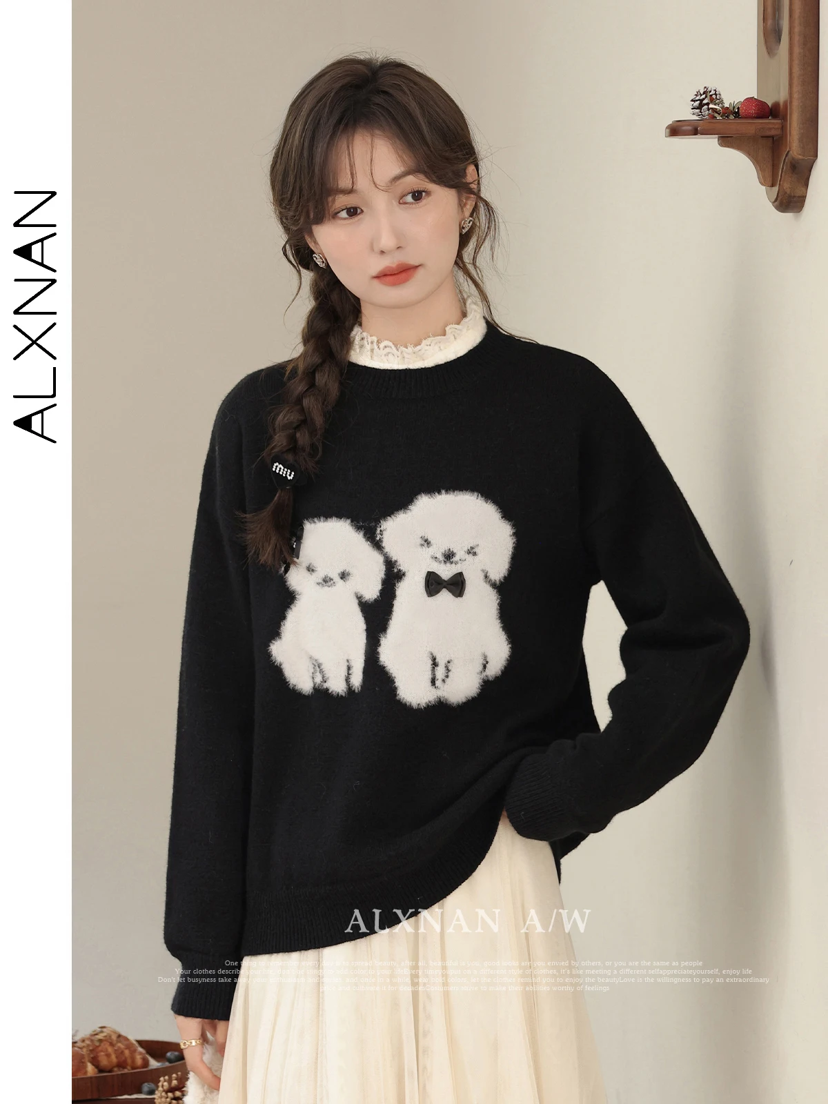 

ALXNAN Black Sweater 3D Bow Puppy Drop Shoulder Women's Pullovers 2025 Autumn Winter Cute Loose-fit Warm Long Sleeve Tops L33052