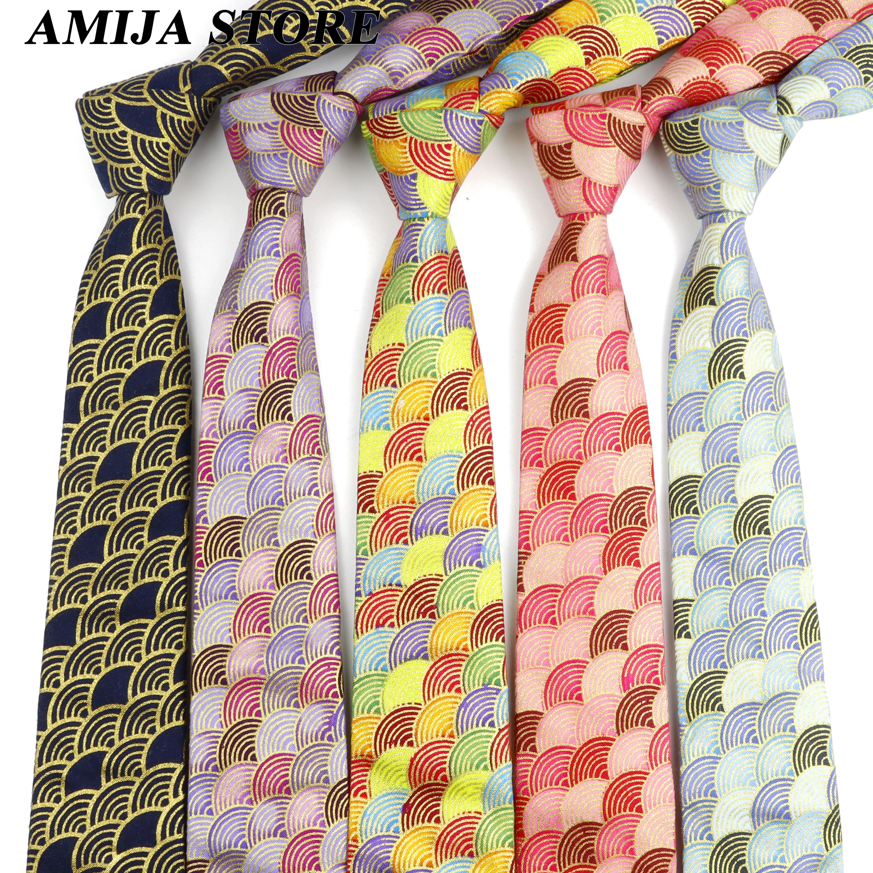 Men's Fashion Multi-color Linen Tie Sea Wave Fish Scale Pattern Tie Wedding Party Gift Daily Wear High Quality 7cm Golde Necktie