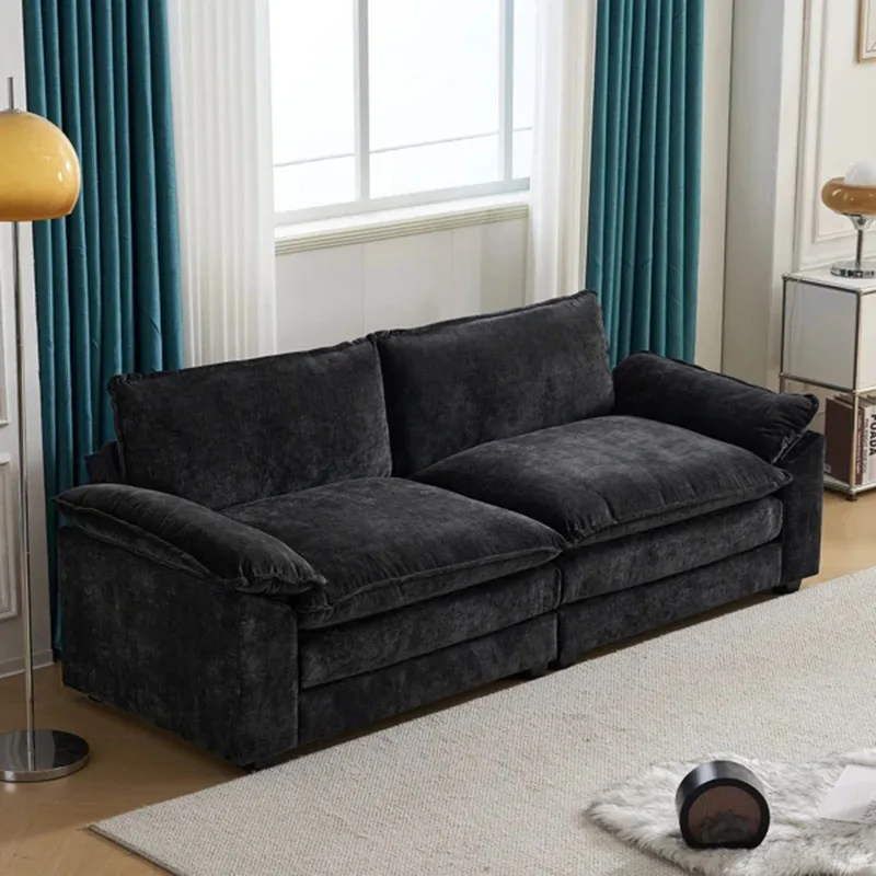 

Living Room Sofas Puffs Chenille Two-Seater Sofa With Footstool Double Bag Indoor Double Sofa Black Home Furniture