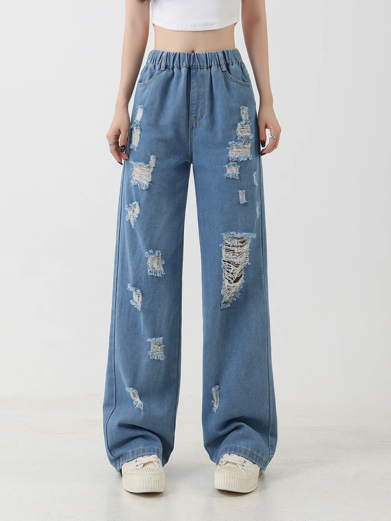 

Teen Girls' Light Blue Ripped Denim Jeans - Fashionable Straight Wide Leg Pants, Casual Loose Washed High Waist Versatile Trouse