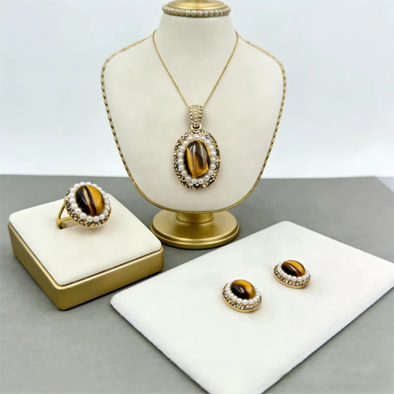 Ensemble de bijoux en œil de tigre naturel, chakra du plexus solaire, courage, prospérité pour femmes