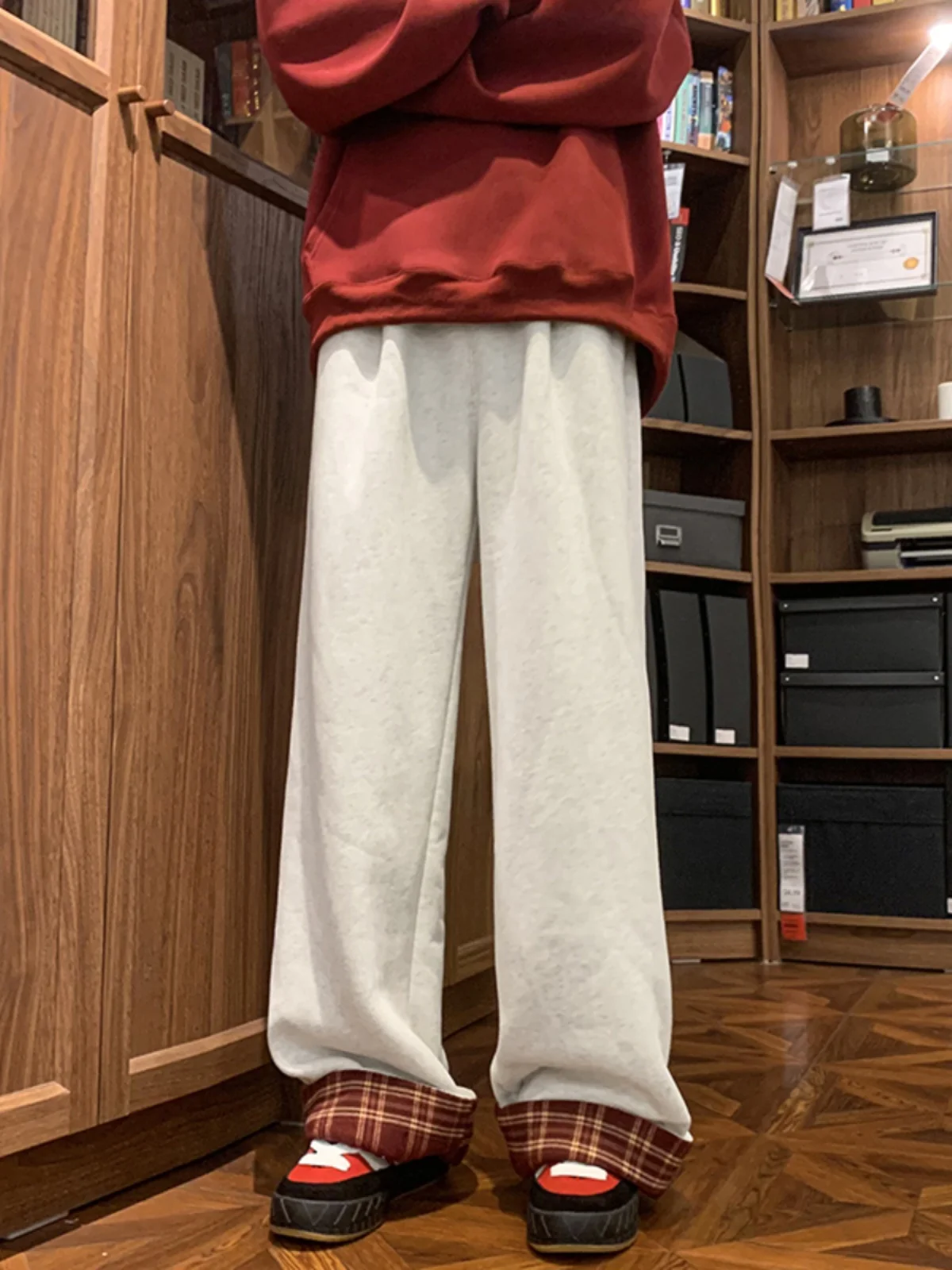 

Loose Plaid Fce-lined Men's Casual Pants Autumn Winter Straight-leg k Blue Loose BF Lazy Sle Comfortable Long Trousers