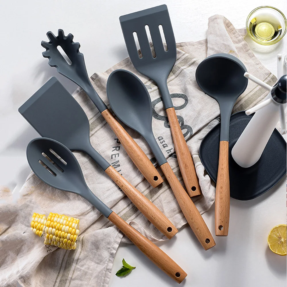 

7Pcs Silicone Kitchenware Non-Stick Cookware Kitchen Utensils Set Spatula Shovel Wooden Handle Cooking Tool Storage Rack Set