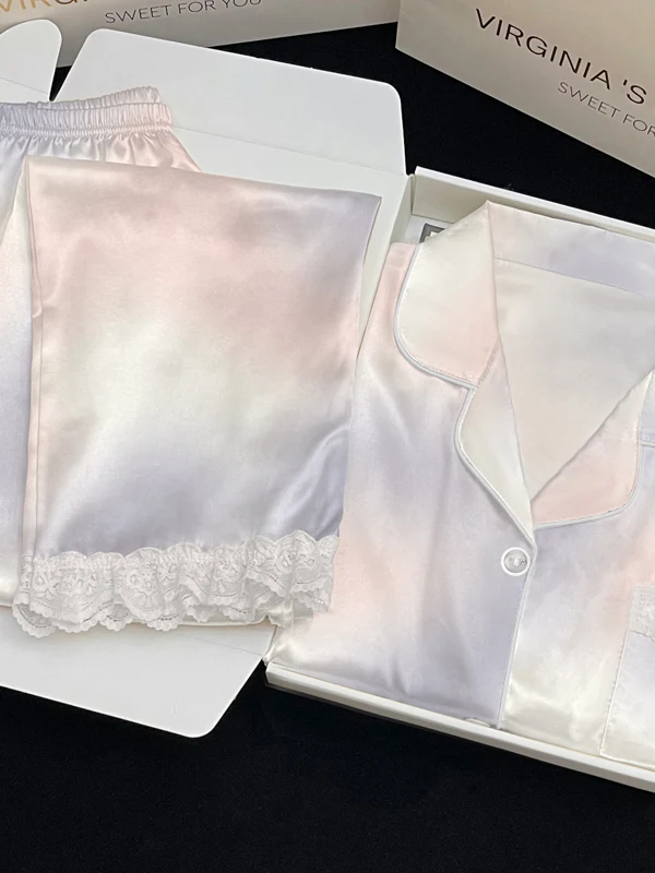 

New Summer Autumn Thin Ice Silk Spwear Set Women's Dr adient INS ort Sve Long Pants Lace Home Clothes Set