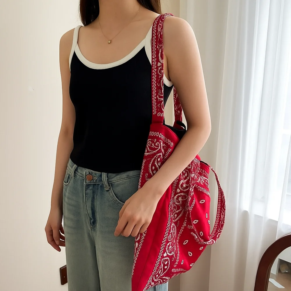 

Printed Cashew Flower Canvas Bag Retro Lightweight Ethnic Style Shoulder Bag Large Capacity Shopping Bag Women's Handbag Summer