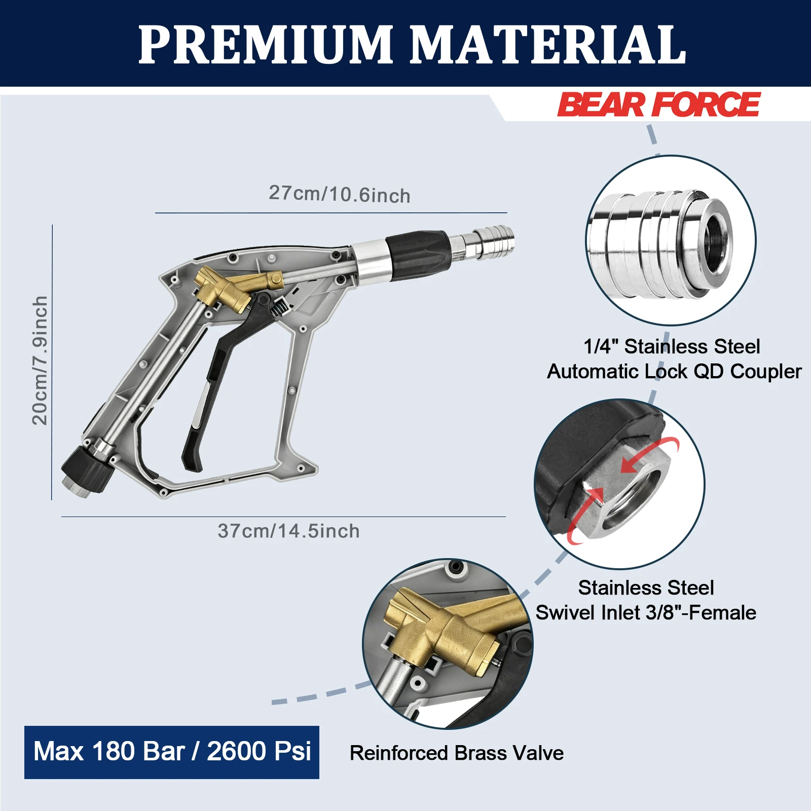 BEAR FORCE Pressure Washer Gun Up to 310 BAR, Stubby Power Washer Gun 360° Swivel Inlet, 1/4
