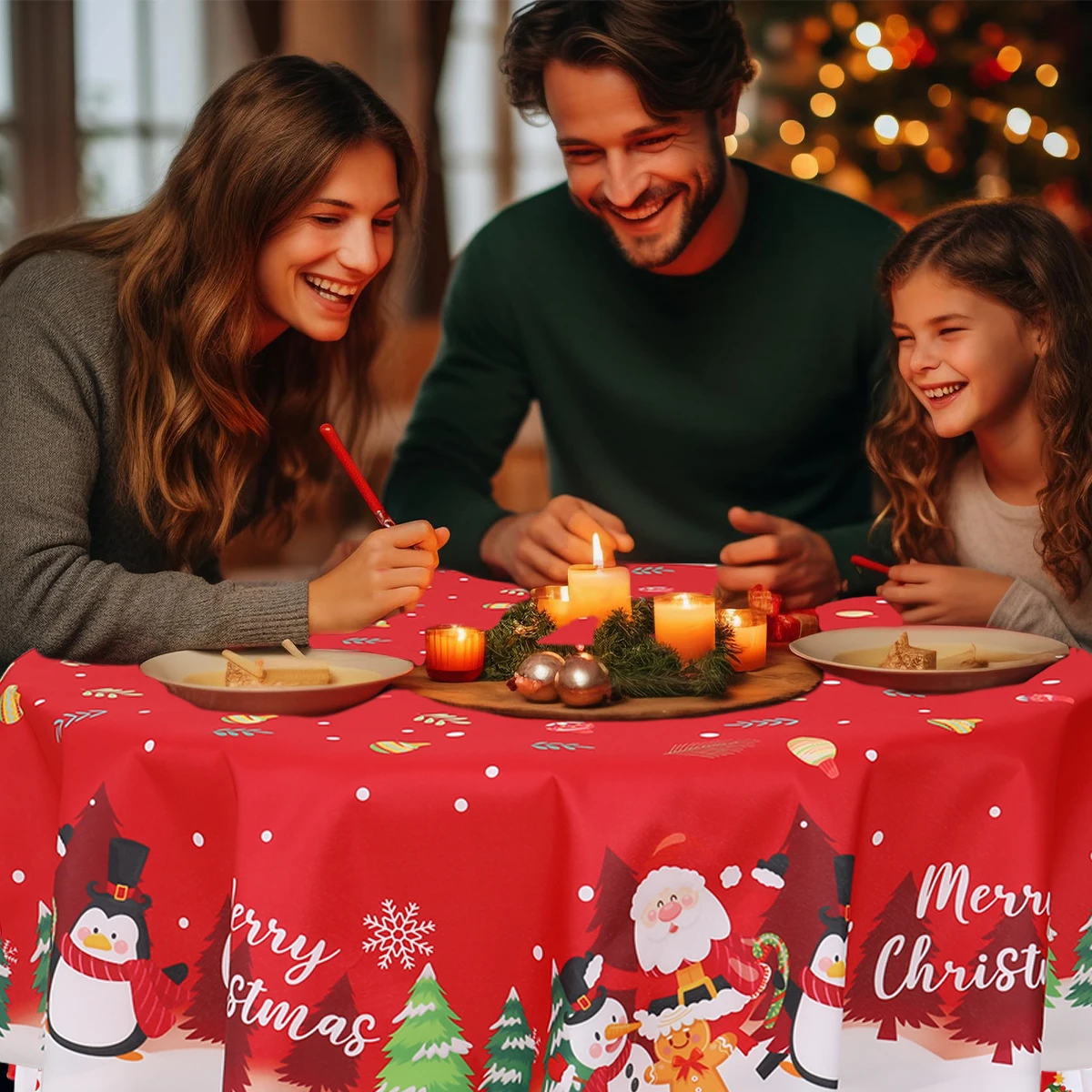 Mantel redondo de Navidad para decoración del hogar, mantel de Papá Noel, muñeco de nieve, Feliz Navidad, Año Nuevo, 2024