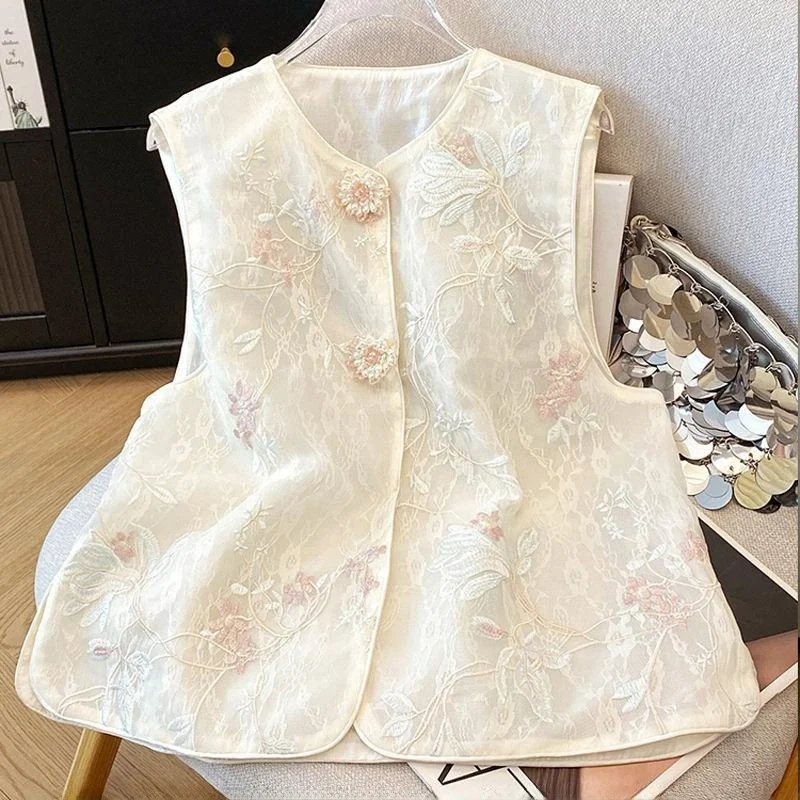 

Spring 2025 Women's Embroidered Floral Vest Retro Sle Outerwear Me Fabric Wave Collar ex Vintage Chinese Sle Jaet