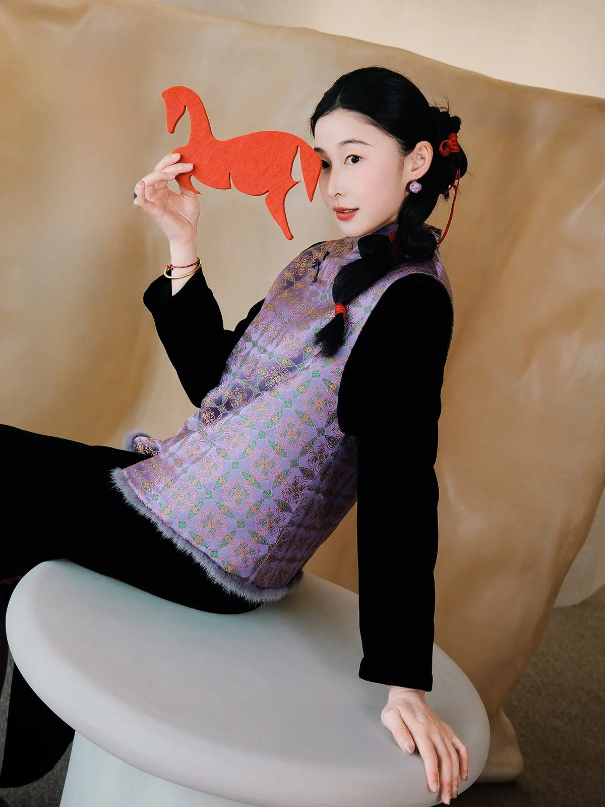 

Improved Chinese Sle Artistic Vest Cotton Weave Embroidery Silk Rabbit Fur Women's Outerwear Traditional Stand Collar Long ...