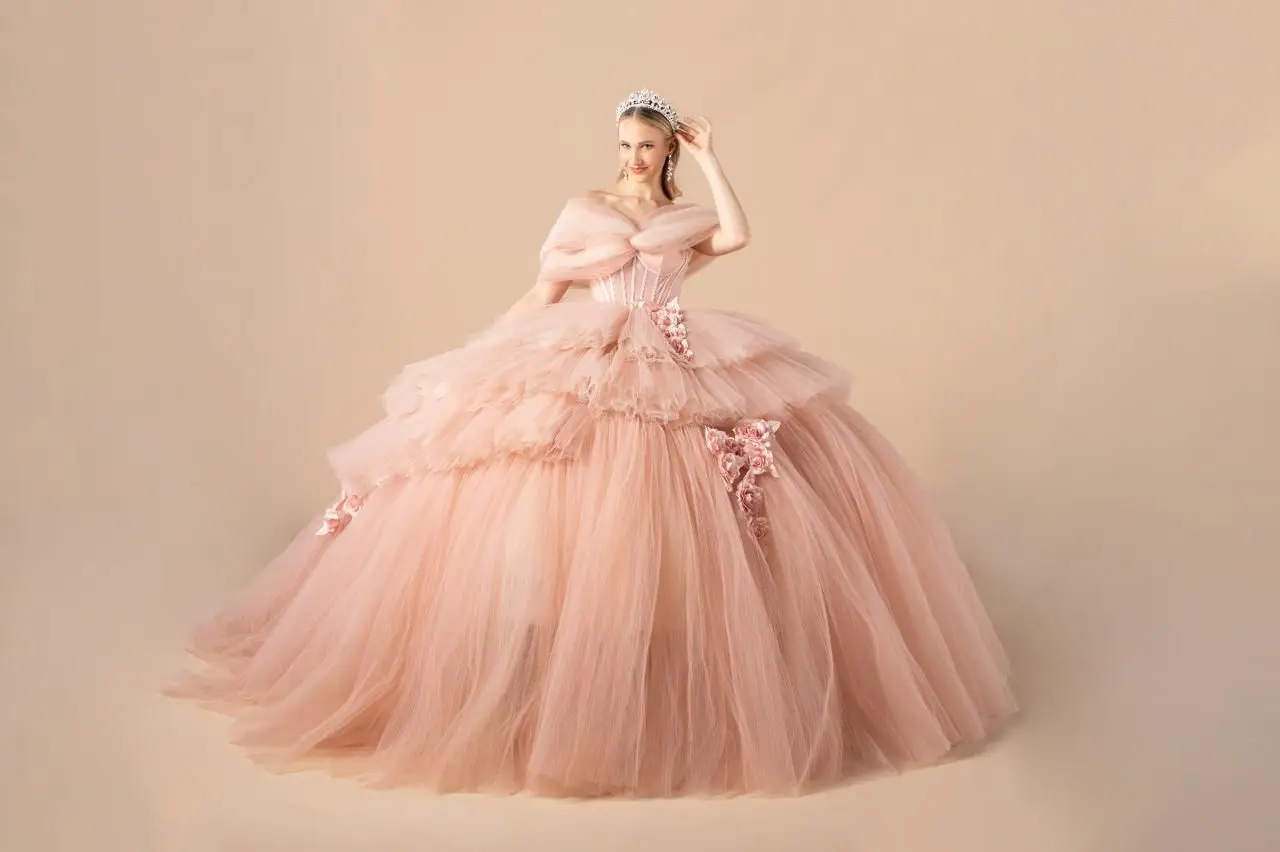 

Flowers Long Ball Gown Off shoulder Tulle Sweep train Quinceanera Dress Ruffled Tiered Corset Vestidos De 15 Años