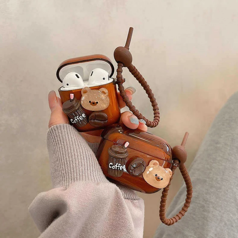 Caramelized stereo Bear Bluetooth headphone case with chain for airpods pro headphone protective case airpods 2/3 generation