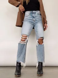 Jeans strappati a vita alta da donna estivi Lady Stretch Skinny pantaloni larghi blu chiaro pantaloni larghi a gamba dritta Streetwear Vintage