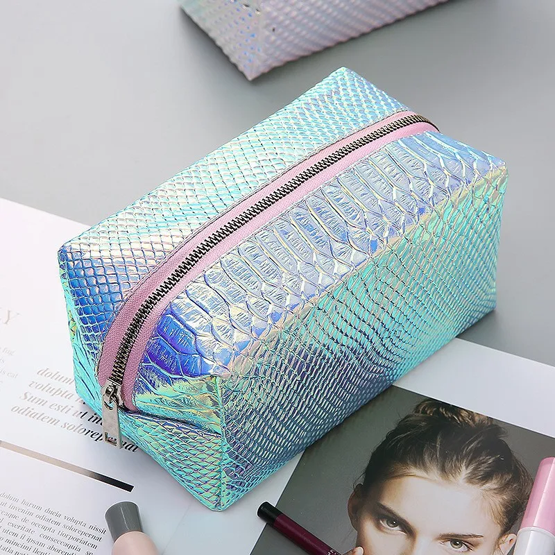 Iridescent Colorful Holographic snake skin pattern waterproof cosmetic makeup women\'s handbags travel toiletry bags