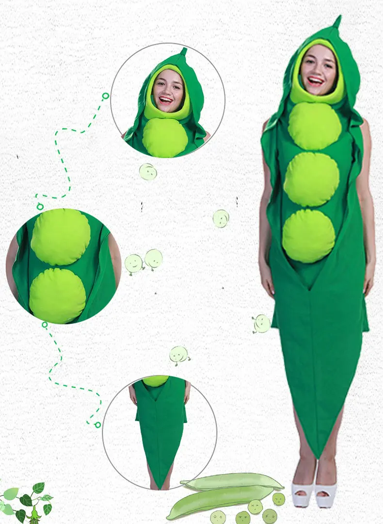 Costume de scène végétal de carnaval de Festival, Costume de fête d'halloween Cosplay, Costume d'action de pois alimentaires
