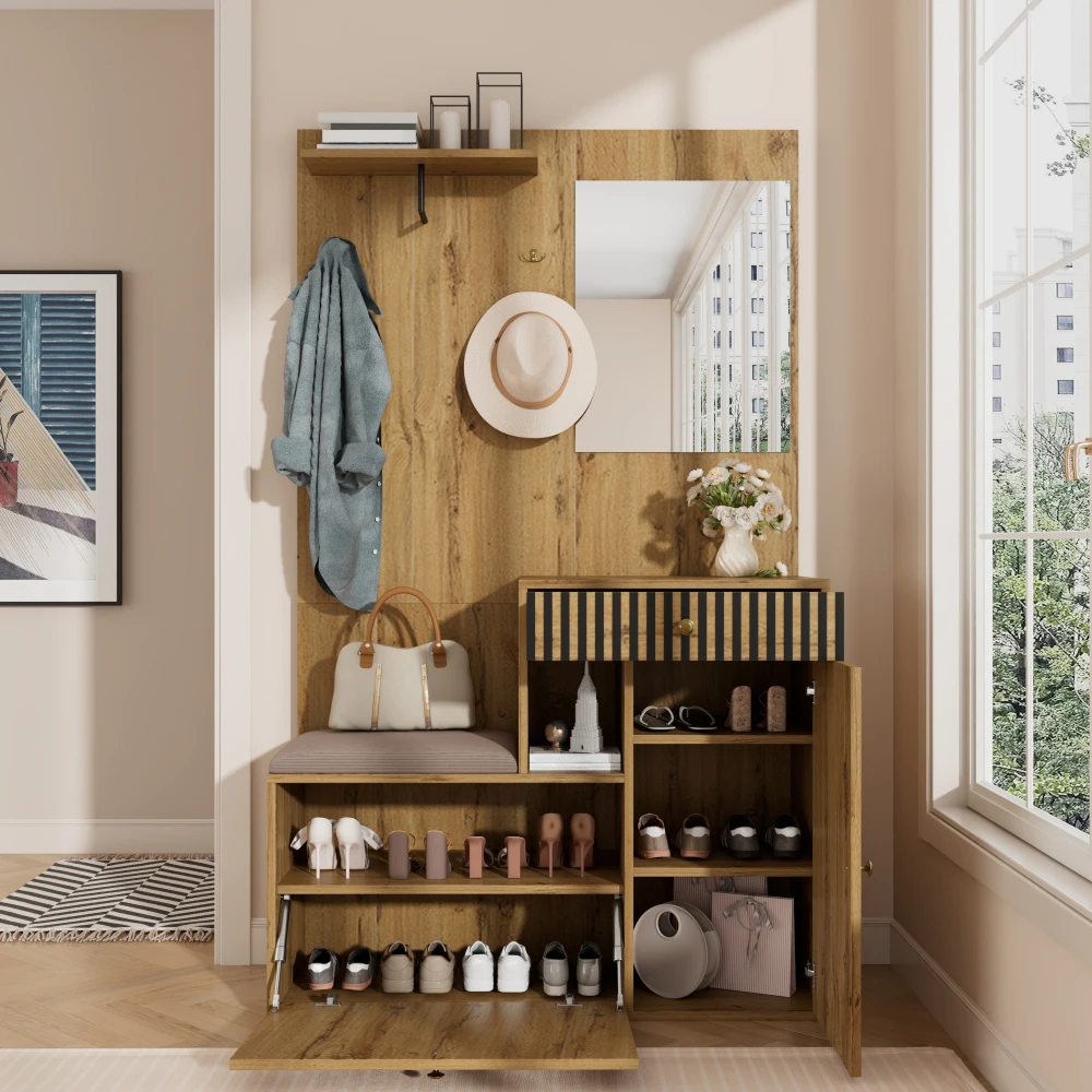PINGGO Kompaktes Garderoben-Set mit Spiegel und Kissen, Flur-Wandregal, Garderobenpaneele, Schuhschrank für Flur-Aufbewahrung – Detail 1