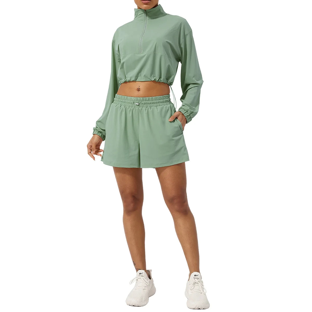 Frauen Outdoor-Lauf anzug Sommer einfarbig zweiteilig Yoga-Set atmungsaktive schnell trocknende Fitness-Sport bekleidung Trainings kleidung – Detail 2