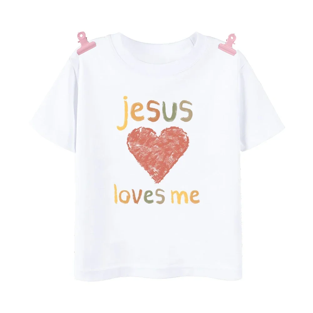 Newly Jesus Loves Me Heart Print Kids Shirt Child Summer T-shirt Top Boys Girls Short Sleeve Tshirt Outfit Funny Toddler Clothes