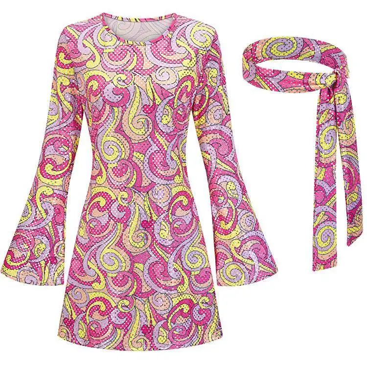 Halloween 2025 Women's Hippie Print Dress 70s Style Cross-Border Fashion Bohemian Long Skirt Ethnic Stage Costume Ladies Dress