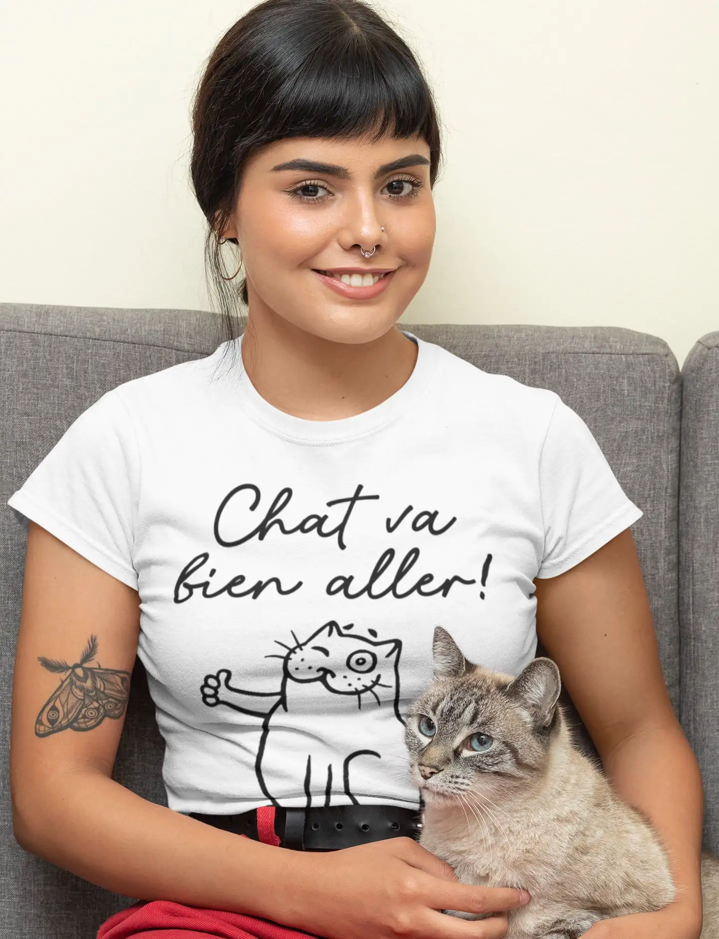 Chat va bien aller camiseta col rond clin d oeil