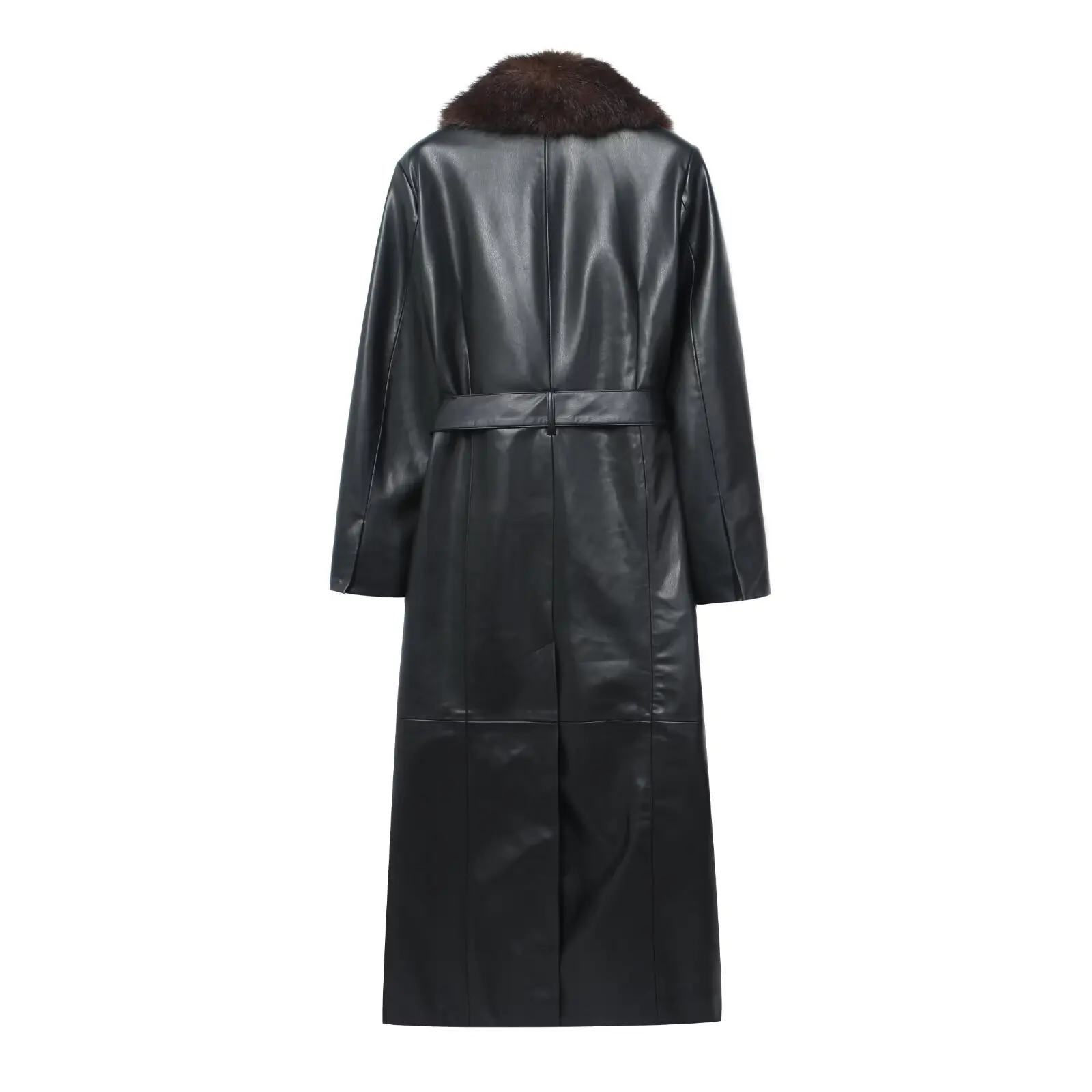 2026 New Fashion Temperament Detachable Fluffy Collar Artificial Fur Effect Black Long Slim Fit Trench Coat